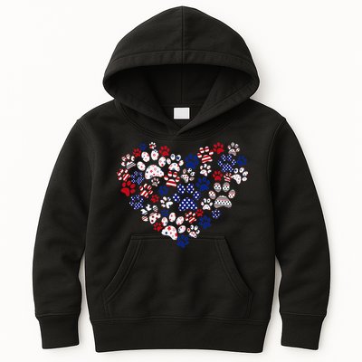 Patriotic Heart American Flag 4th Of July Dog Paw Prints Kids Hoodie