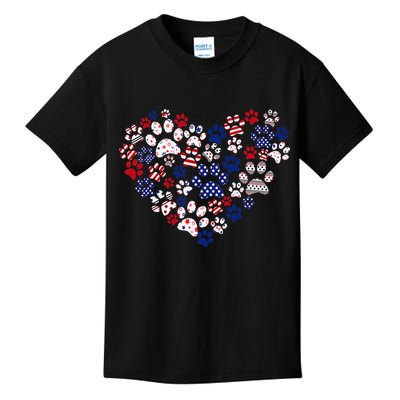 Patriotic Heart American Flag 4th Of July Dog Paw Prints Kids T-Shirt