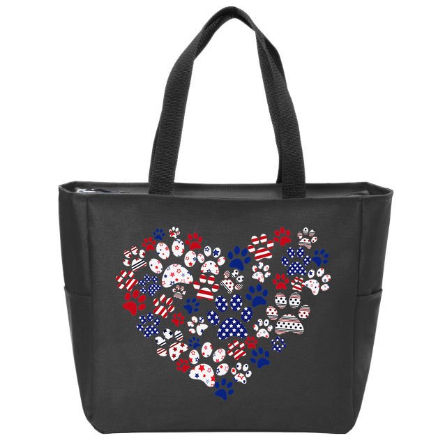 Patriotic Heart American Flag 4th Of July Dog Paw Prints Zip Tote Bag