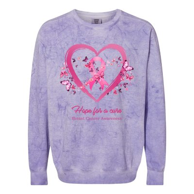 Pink Heart Butterfly Hope For A Cure Breast Cancer Awareness Funny Gift Colorblast Crewneck Sweatshirt