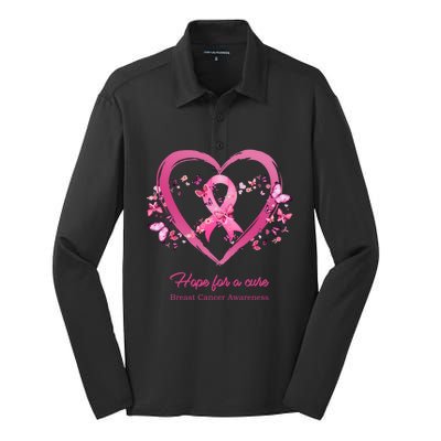 Pink Heart Butterfly Hope For A Cure Breast Cancer Awareness Funny Gift Silk Touch Performance Long Sleeve Polo