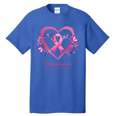 Pink Heart Butterfly Hope For A Cure Breast Cancer Awareness Funny Gift Tall T-Shirt