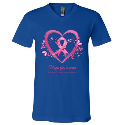 Pink Heart Butterfly Hope For A Cure Breast Cancer Awareness Funny Gift V-Neck T-Shirt