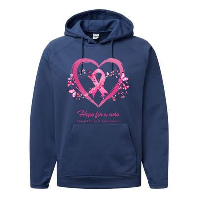 Pink Heart Butterfly Hope For A Cure Breast Cancer Awareness Funny Gift Performance Fleece Hoodie