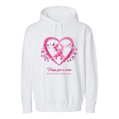 Pink Heart Butterfly Hope For A Cure Breast Cancer Awareness Funny Gift Garment-Dyed Fleece Hoodie