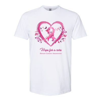 Pink Heart Butterfly Hope For A Cure Breast Cancer Awareness Funny Gift Softstyle CVC T-Shirt