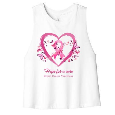 Pink Heart Butterfly Hope For A Cure Breast Cancer Awareness Funny Gift Women's Racerback Cropped Tank