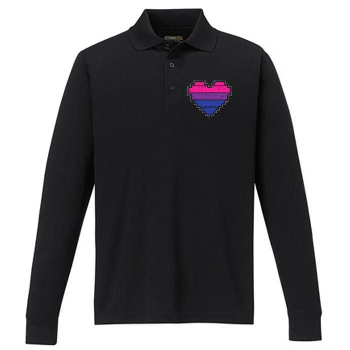 Pixel Heart Bisexual Pride Retro Gaming LGBTQ Ally Gamer Performance Long Sleeve Polo