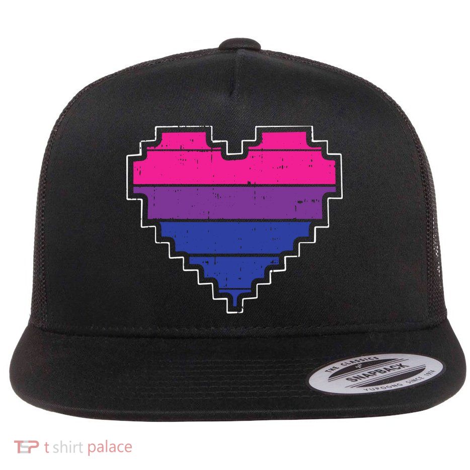 Pixel Heart Bisexual Pride Retro Gaming LGBTQ Ally Gamer Flatbill Hat
