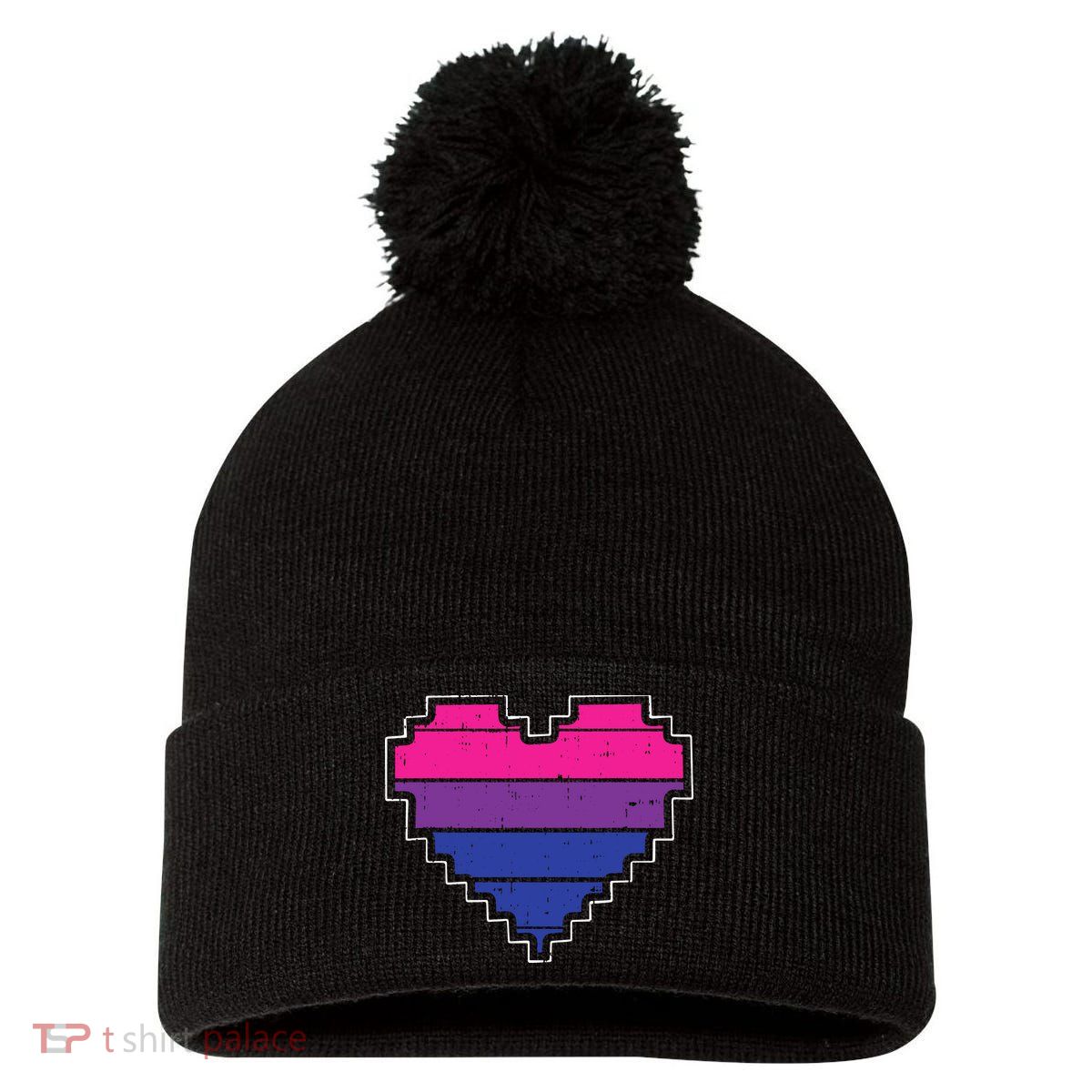 Pixel Heart Bisexual Pride Retro Gaming LGBTQ Ally Gamer Pom Pom 12in Knit Beanie