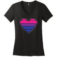 Pixel Heart Bisexual Pride Retro Gaming LGBTQ Ally Gamer Women's V-Neck T-Shirt