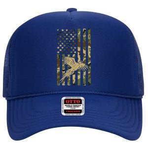 Pheasant Hunting Bird Hunter Hunting American Flag Camo Gift High Crown Mesh Back Trucker Hat