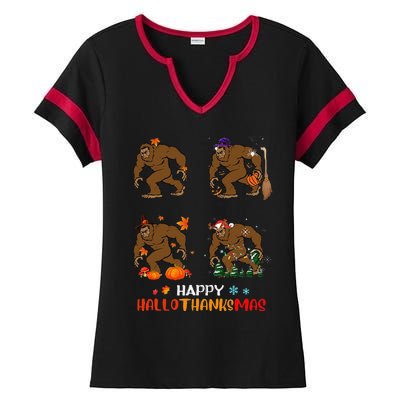 Ph Hallothanksmas Bigfoot Halloween Thanksgiving Christmas Ladies Halftime Notch Neck Tee