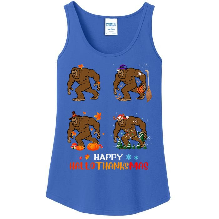 Ph Hallothanksmas Bigfoot Halloween Thanksgiving Christmas Ladies Essential Tank