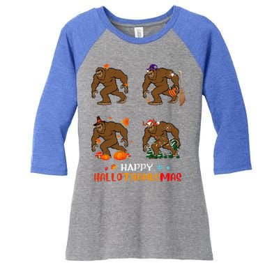 Ph Hallothanksmas Bigfoot Halloween Thanksgiving Christmas Women's Tri-Blend 3/4-Sleeve Raglan Shirt