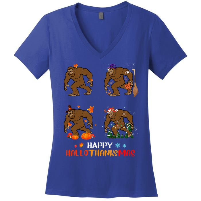 Ph Hallothanksmas Bigfoot Halloween Thanksgiving Christmas Women's V-Neck T-Shirt