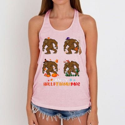 Ph Hallothanksmas Bigfoot Halloween Thanksgiving Christmas Women's Knotted Racerback Tank