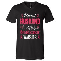 Proud Husband Breast Cancer Warrior Awareness Pink Ribbon V-Neck T-Shirt