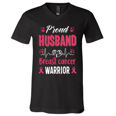 Proud Husband Breast Cancer Warrior Awareness Pink Ribbon V-Neck T-Shirt