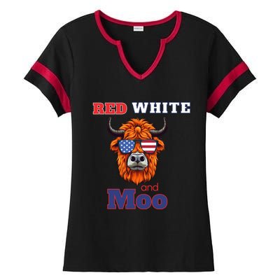 Patriotic Highland Cow Red White Moo Usa Flag Themed July 4 Gift Ladies Halftime Notch Neck Tee