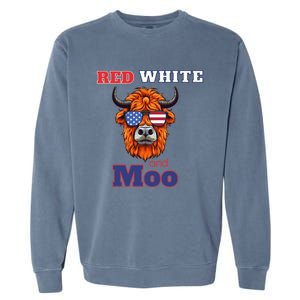 Patriotic Highland Cow Red White Moo Usa Flag Themed July 4 Gift Garment-Dyed Sweatshirt