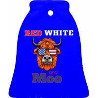 Patriotic Highland Cow Red White Moo Usa Flag Themed July 4 Gift Ceramic Bell Ornament