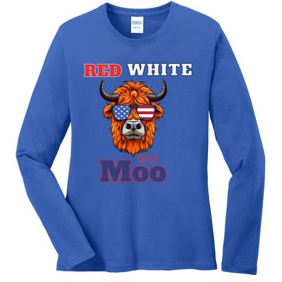 Patriotic Highland Cow Red White Moo Usa Flag Themed July 4 Gift Ladies Long Sleeve Shirt