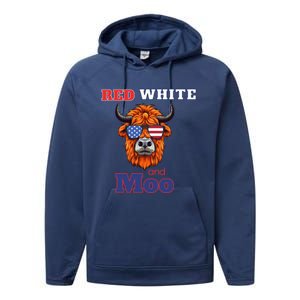 Patriotic Highland Cow Red White Moo Usa Flag Themed July 4 Gift Performance Fleece Hoodie