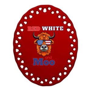 Patriotic Highland Cow Red White Moo Usa Flag Themed July 4 Gift Ceramic Oval Ornament