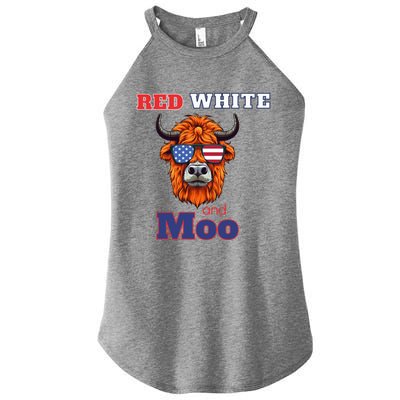 Patriotic Highland Cow Red White Moo Usa Flag Themed July 4 Gift Women’s Perfect Tri Rocker Tank