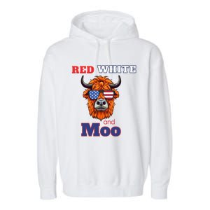 Patriotic Highland Cow Red White Moo Usa Flag Themed July 4 Gift Garment-Dyed Fleece Hoodie