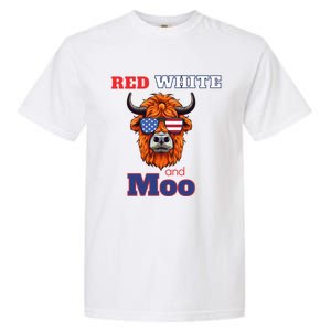 Patriotic Highland Cow Red White Moo Usa Flag Themed July 4 Gift Garment-Dyed Heavyweight T-Shirt