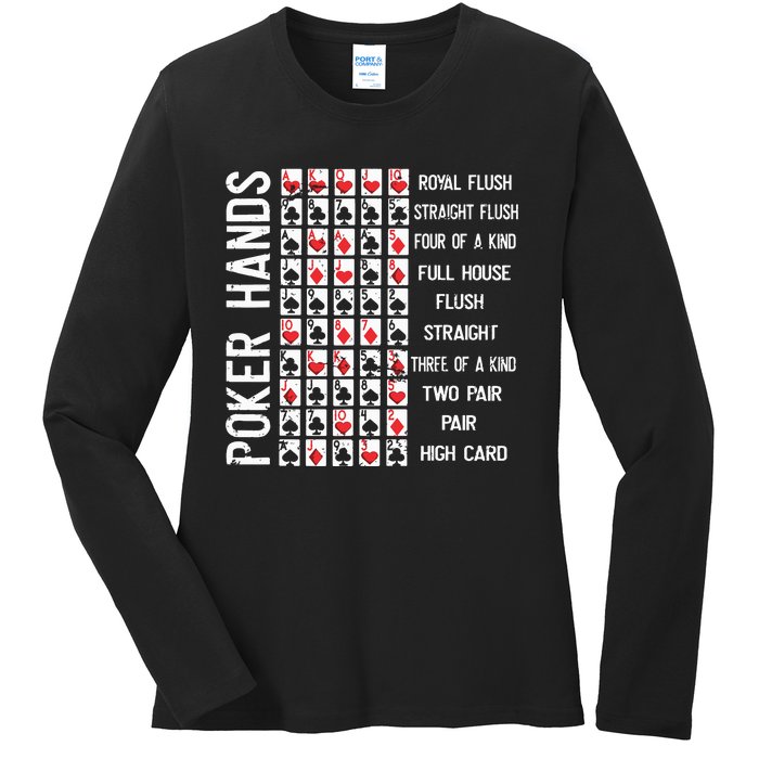 Poker Hands Cheat Sheet Card Casino Games Funny Player Gift Ladies Long Sleeve Shirt