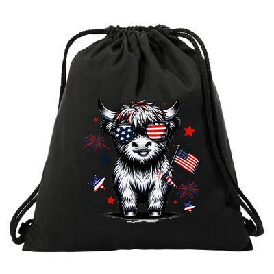 Patriotic Highland Cow 4th Of July Design Drawstring Bag