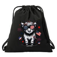 Patriotic Highland Cow 4th Of July Design Drawstring Bag