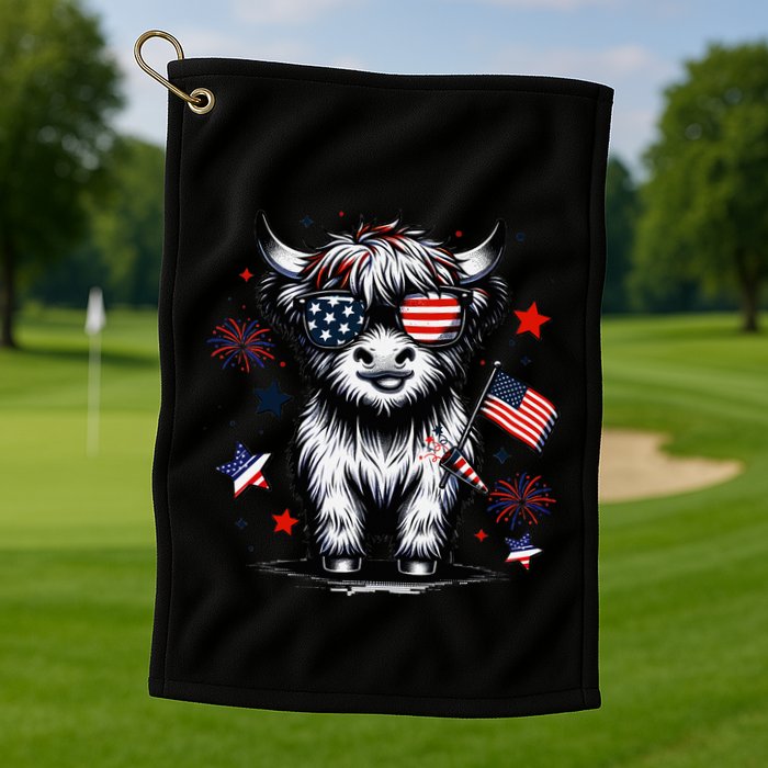 Patriotic Highland Cow 4th Of July Design Golf Towel