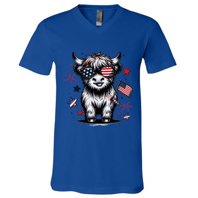 Patriotic Highland Cow 4th Of July Design V-Neck T-Shirt