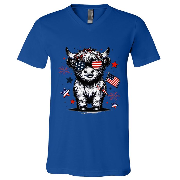 Patriotic Highland Cow 4th Of July Design V-Neck T-Shirt