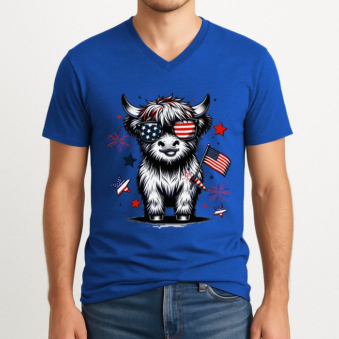 Patriotic Highland Cow 4th Of July Design V-Neck T-Shirt