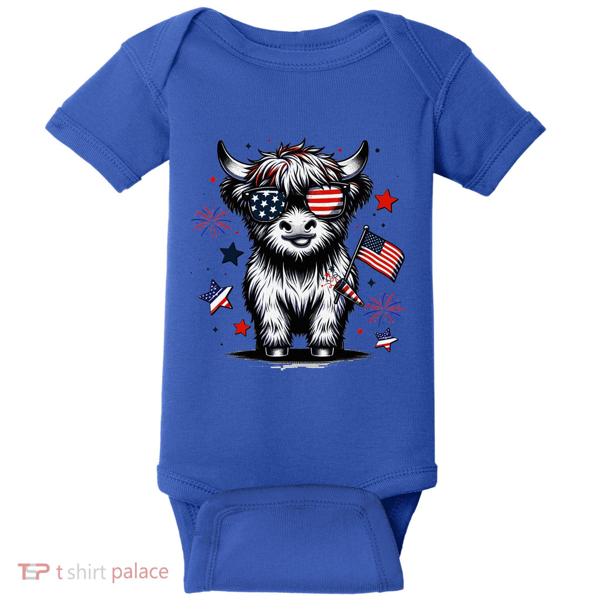 Patriotic Highland Cow 4th Of July Design Baby Bodysuit
