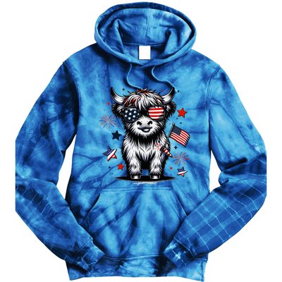 Patriotic Highland Cow 4th Of July Design Tie Dye Hoodie