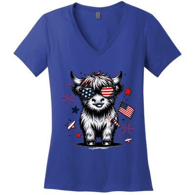 Patriotic Highland Cow 4th Of July Design Women's V-Neck T-Shirt