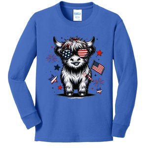 Patriotic Highland Cow 4th Of July Design Kids Long Sleeve Shirt