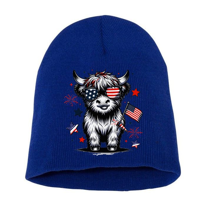 Patriotic Highland Cow 4th Of July Design Short Acrylic Beanie
