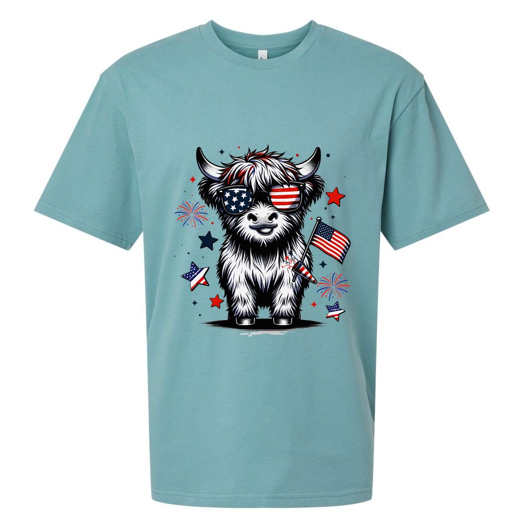 Patriotic Highland Cow 4th Of July Design Sueded Cloud Jersey T-Shirt