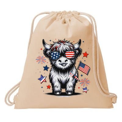 Patriotic Highland Cow 4th Of July Drawstring Bag