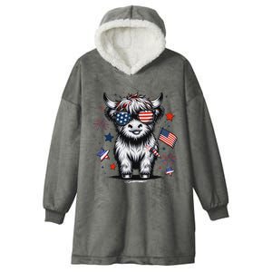 Patriotic Highland Cow 4th Of July Hooded Wearable Blanket