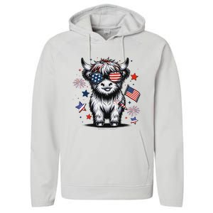 Patriotic Highland Cow 4th Of July Performance Fleece Hoodie