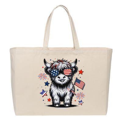 Patriotic Highland Cow 4th Of July Cotton Canvas Jumbo Tote