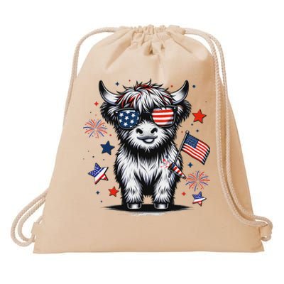 Patriotic Highland Cow 4th Of July Drawstring Bag